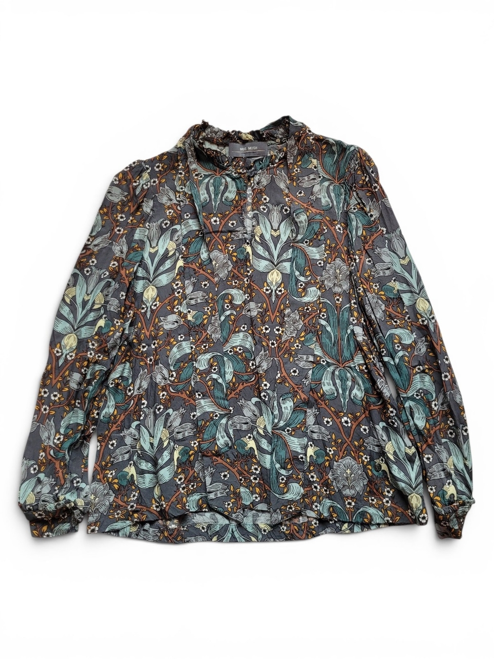 Mos Mosh Botanical Print Blouse With Tie in Teal & Brown Small